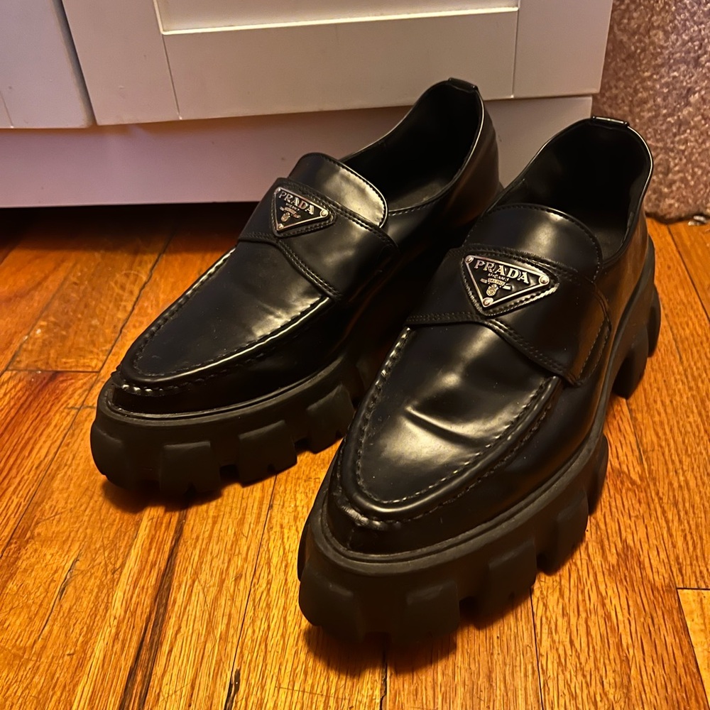 Prada Black Chunky Lug Sole Leather Loafers
